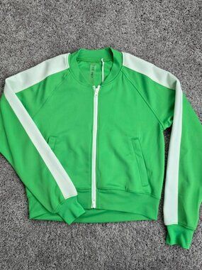 The Set Womens Track Jacket Green White Stripe Full Zip Cropped Activewear Small
